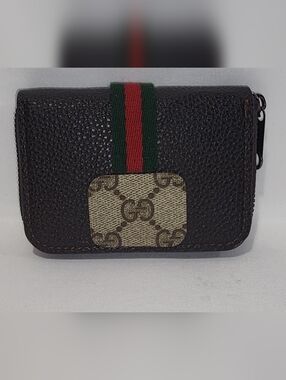 Small Brown Textured Leather Card Case Wallet w Web Stripe Gucci Monogram Canvas